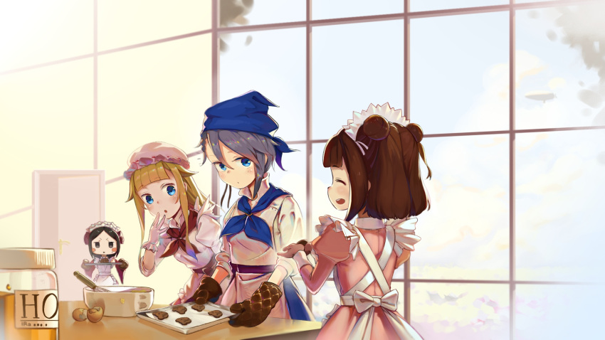 4girls :d :o ange_(princess_principal) apron baking baking_sheet bangs beatrice_(princess_principal) black_eyes black_hair blonde_hair blue_eyes blunt_bangs blush blush_stickers bottle brown_hair closed_mouth cookie cracked_egg day double_bun food gloves grey_hair haapi_jang_p hair_between_eyes highres holding jitome leaning_forward mixing_bowl multiple_girls neckerchief open_mouth oven_mitts parted_bangs princess_(princess_principal) princess_principal profile puffy_short_sleeves puffy_sleeves short_sleeves sideways_mouth smile toudou_chise whisk white_apron white_gloves window