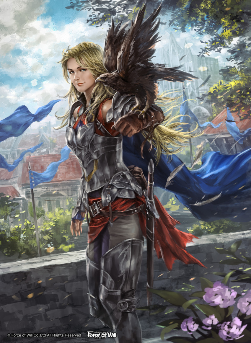 1girl armor armored_boots belt bird blonde_hair blue_eyes boots clouds copyright_name day flag flower force_of_will gloves highres leaf long_hair mad_(artist) official_art sky solo sword tree weapon