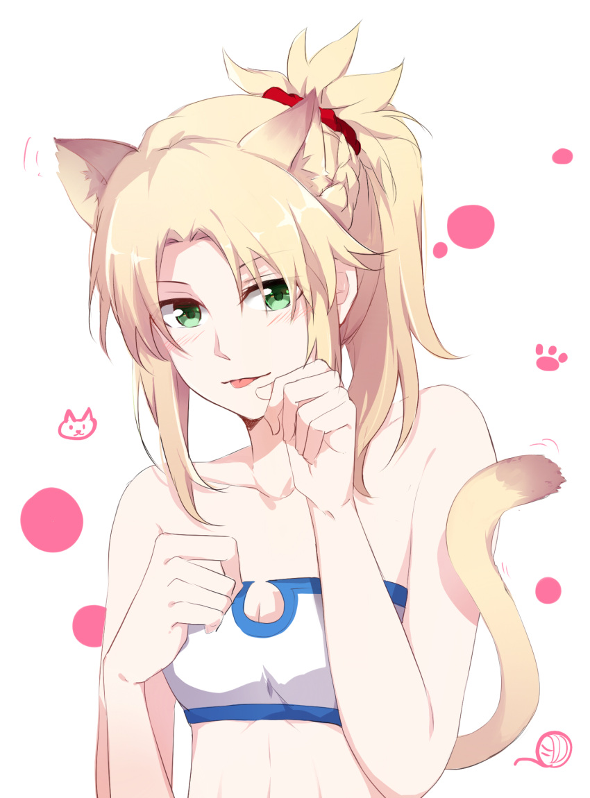 :p abs animal_ears bare_shoulders blonde_hair blush breasts cat_ears cat_tail cleavage fate/apocrypha fate_(series) gemi_25 green_eyes highres paw_pose paw_print saber_of_red small_breasts tail tongue tongue_out upper_body white_background