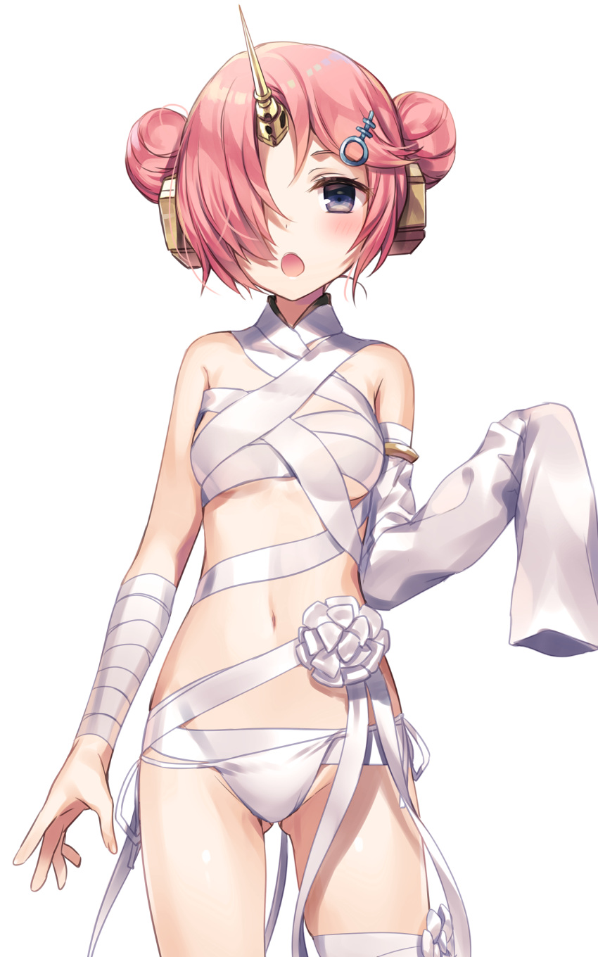 1girl absurdres bandage bangs bikini blush breasts collarbone cowboy_shot double_bun fanbox_reward fate/grand_order fate_(series) frankenstein's_monster_(swimsuit_saber)_(fate) hand_up highres komeshiro_kasu legs_apart looking_at_viewer navel open_mouth pink_hair short_hair side-tie_bikini simple_background small_breasts solo swimsuit tareme white_background white_bikini