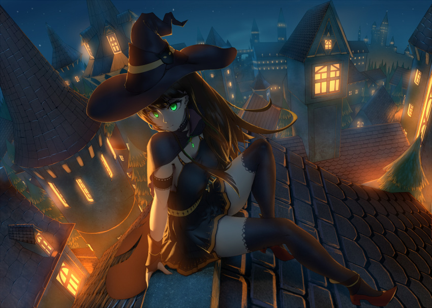 1girl bangs black_legwear brown_hair cape dress green_eyes halloween hat highres idolmaster idolmaster_cinderella_girls jay_zhang long_hair rooftop shibuya_rin short_dress sitting sitting_on_roof solo thigh-highs town witch_hat