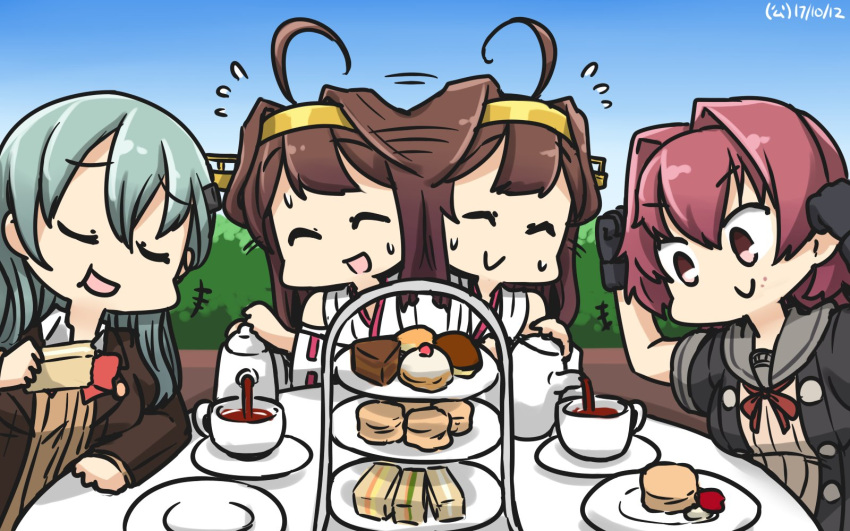 3girls :d afterimage ahoge blue_hair blue_sky brown_hair cake closed_eyes colombia_pose commentary_request cup dated day dessert eating food gloves hamu_koutarou headgear highres kantai_collection kinu_(kantai_collection) kongou_(kantai_collection) long_hair multiple_girls neck_ribbon open_mouth pastry red_eyes redhead remodel_(kantai_collection) ribbon sailor_collar serving short_hair sky smile suzuya_(kantai_collection) sweat table tea teacup