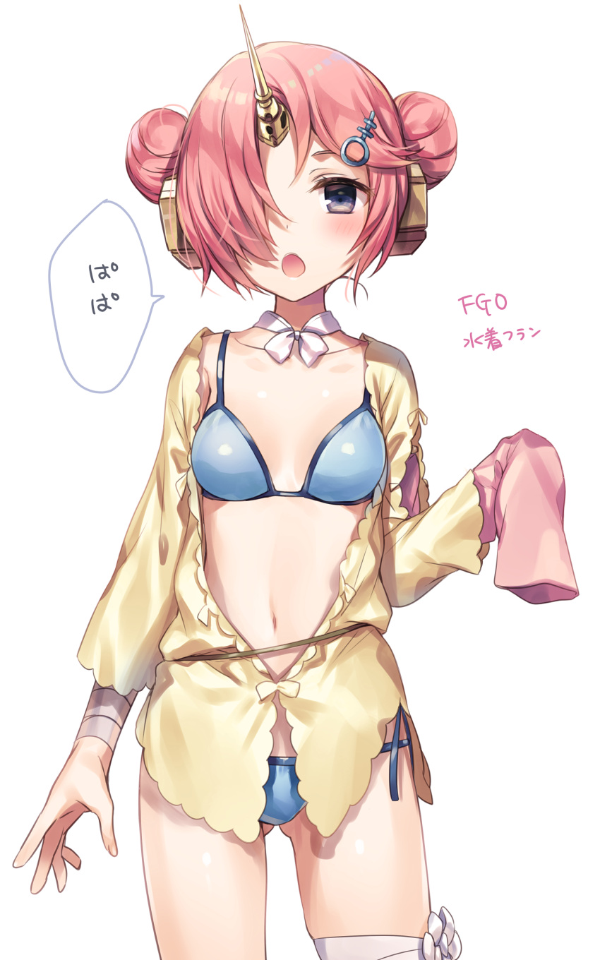 1girl absurdres bangs bikini blue_bikini blush breasts collarbone cowboy_shot double_bun fanbox_reward fate/grand_order fate_(series) frankenstein's_monster_(swimsuit_saber)_(fate) hand_up highres komeshiro_kasu legs_apart looking_at_viewer navel open_mouth pink_hair short_hair simple_background small_breasts solo swimsuit tareme white_background