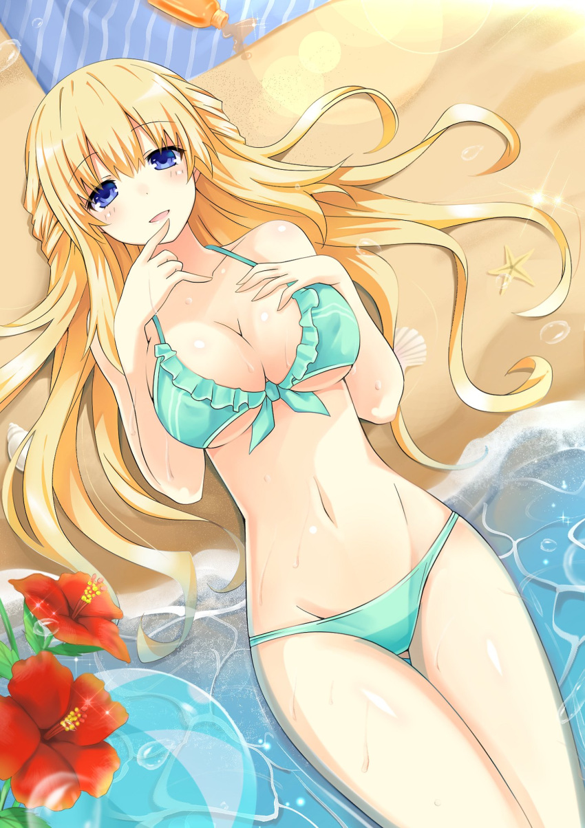 1girl arms_up bare_shoulders beach bikini blonde_hair blue_eyes blush bra braid breasts choujigen_game_neptune cleavage collarbone cowboy_shot french_braid green_bikini groin hand_on_own_chest highres large_breasts long_hair looking_at_viewer midriff navel neptune_(series) outdoors panties smile solo stomach swimsuit tied_hair underwear underwear_only vert zero_(ray_0805)