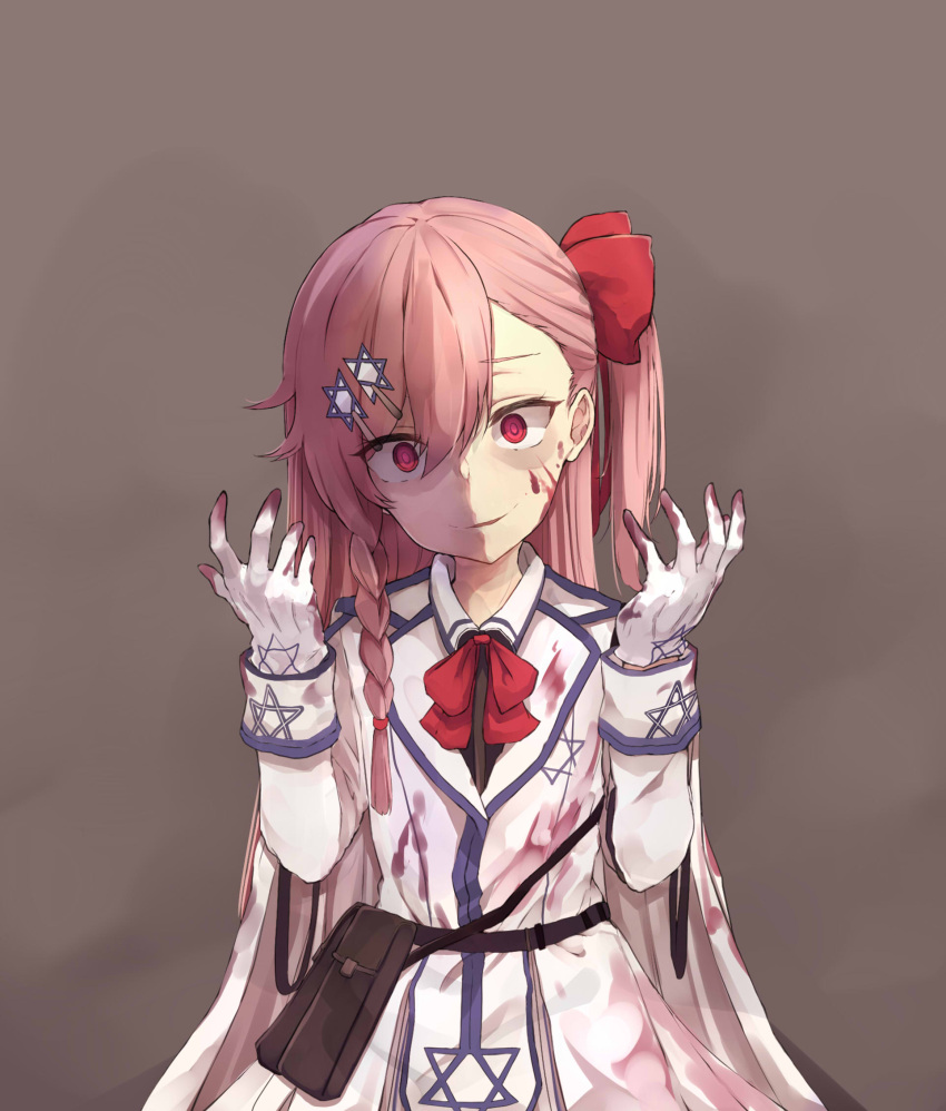 1girl ahokoo bangs blood blood_on_face blood_splatter bloody_clothes bloody_hair bloody_hands braid crazy_eyes crazy_smile eyebrows_visible_through_hair eyes_visible_through_hair girls_frontline hair_between_eyes hair_ornament hair_ribbon hands_up head_tilt hexagram highres long_hair looking_at_viewer military military_uniform negev_(girls_frontline) partially_opened_mouth pink_hair red_eyes red_ribbon ribbon side_ponytail simple_background single_braid smile solo star_of_david tied_hair uniform
