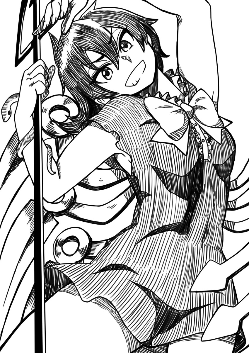 1girl arms_up bangs bare_arms bow bowtie cowboy_shot dress eyebrows_visible_through_hair greyscale hair_between_eyes head_tilt highres himajin_no_izu holding houjuu_nue looking_at_viewer monochrome polearm short_hair simple_background sleeveless sleeveless_dress smile snake solo touhou trident weapon white_background