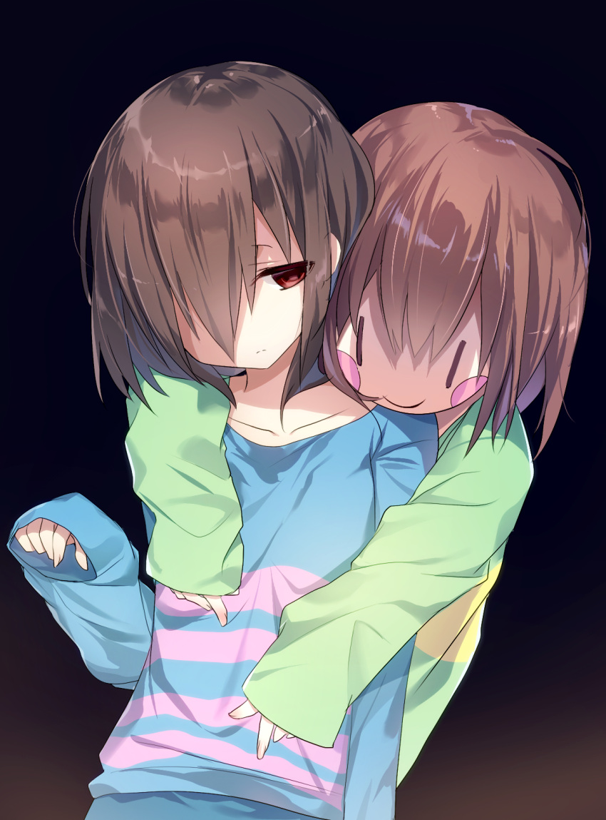 androgynous arm_at_side bangs blue_background blue_shirt blush_stickers brown_hair chara_(undertale) closed_mouth collarbone commentary_request emia_(castilla) frisk_(undertale) gradient gradient_background green_shirt hair_between_eyes hair_over_one_eye half-closed_eyes hand_up head_tilt highres hug hug_from_behind long_sleeves looking_at_another looking_down red_eyes shiny shiny_hair shirt short_hair sleeves_past_wrists smile striped striped_shirt undertale |_|