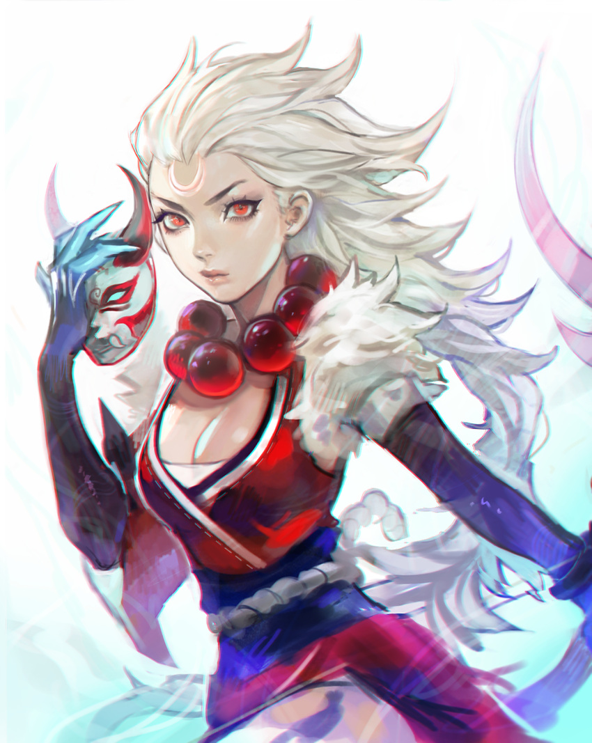 1girl blood_moon_diana braiding_hair breasts cleavage diana_(league_of_legends) facial_mark forehead_mark fur_trim hairdressing highres jewelry league_of_legends long_hair looking_at_viewer mask necklace oni_mask pearl_necklace red_eyes simple_background spiky_hair viorie white_background white_hair