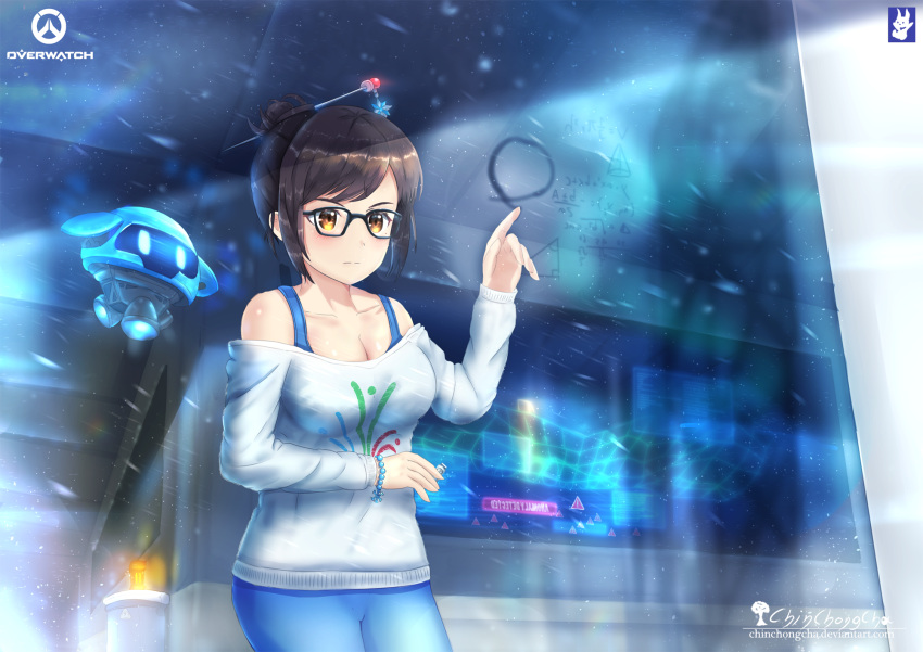 1girl artist_name black-framed_eyewear blue_pants blue_shirt breasts brown_eyes brown_hair chinchongcha cleavage collarbone drawing drone floating glass glasses gloves hair_bun hair_ornament hair_stick highres indoors large_breasts long_sleeves looking_at_viewer math mei_(overwatch) overwatch pants rise_and_shine_mei robot shirt short_hair signature snowball_(overwatch) solo tank_top trigonometry upper_body watermark web_address white_shirt