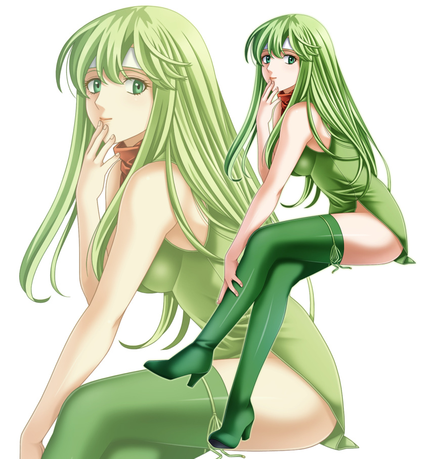 1girl bangs bare_arms bare_shoulders blush boots breasts closed_mouth dress finger_to_mouth fire_emblem from_side full_body green_dress green_eyes green_footwear green_hair green_ribbon hand_on_own_leg headband high_heel_boots high_heels highres invisible_chair leaning_forward legs_crossed lips long_hair looking_at_viewer looking_to_the_side medium_breasts paola ribbon side_slit simple_background sitting sleeveless sleeveless_dress smile solo tamamon thigh-highs thigh_boots very_long_hair white_background zoom_layer