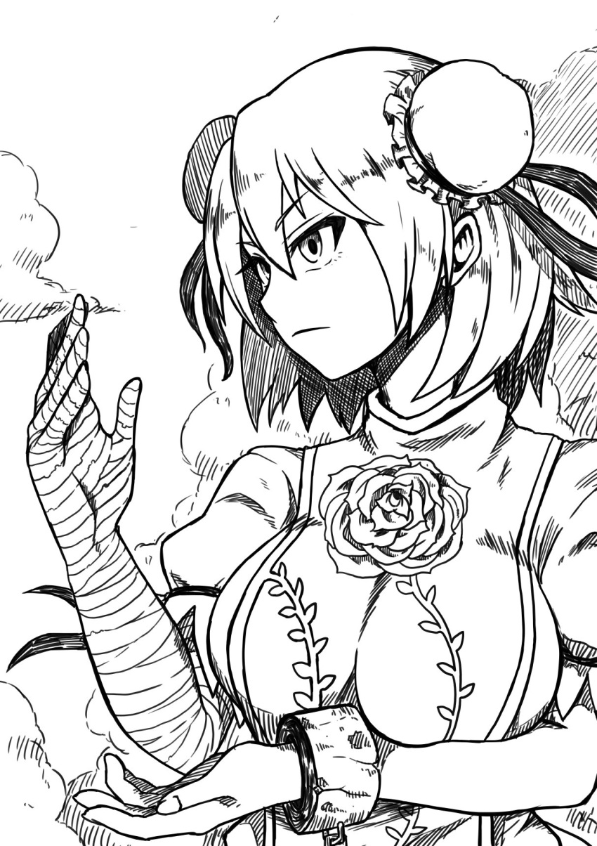 1girl bandage bandaged_arm bangs breasts bun_cover chains closed_mouth commentary_request cuffs double_bun eyebrows_visible_through_hair flower greyscale hair_between_eyes highres himajin_no_izu ibaraki_kasen large_breasts looking_to_the_side monochrome puffy_short_sleeves puffy_sleeves rose shackles short_hair short_sleeves simple_background solo tabard touhou upper_body white_background