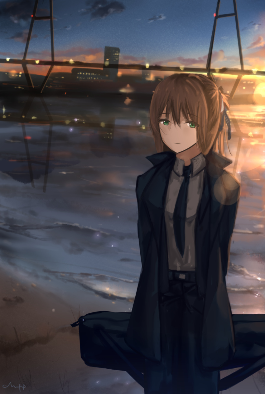 1girl belt black_coat black_neckwear bridge brown_hair chyt cityscape collared_shirt duffle_bag dusk eyebrows_visible_through_hair eyes_visible_through_hair girls_frontline green_eyes hair_between_eyes hair_up highres long_coat long_hair looking_at_viewer m1903_springfield m1903_springfield_(girls_frontline) necktie pants reflection river riverbank shirt sky smile star_(sky) starry_sky water white_shirt