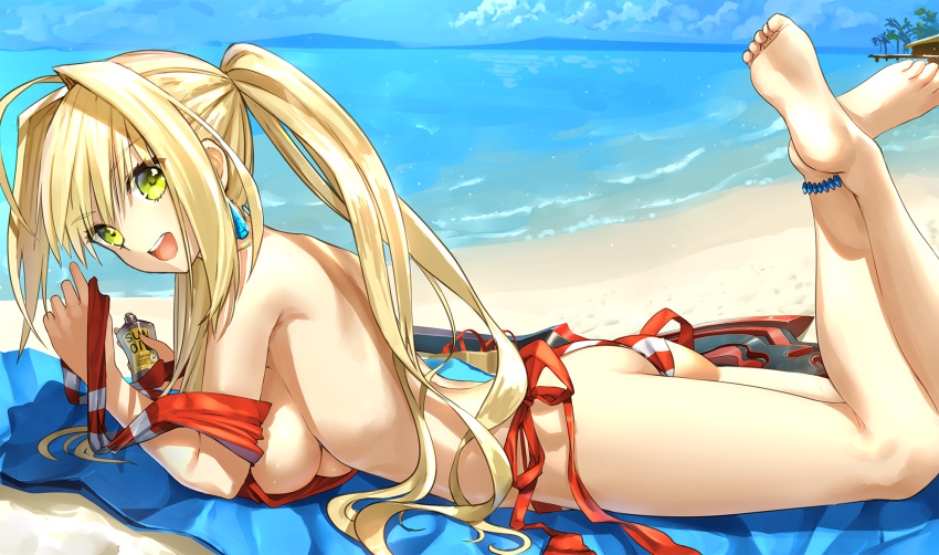 1girl :d ahoge anklet ass bad_anatomy bare_shoulders barefoot beach bikini breast_rest breasts day earrings eyebrows_visible_through_hair fate/grand_order fate_(series) from_side green_eyes hair_intakes highres horizon jewelry kawanakajima large_breasts legs_crossed legs_up long_hair looking_at_viewer lying nero_claudius_(swimsuit_caster)_(fate) on_stomach open_mouth outdoors revision saber_extra side-tie_bikini sideboob sidelocks smile solo striped striped_bikini swimsuit tanning_oil toe_scrunch toes twintails underbust untied very_long_hair