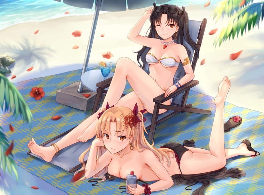 2girls barefoot bikini black_hair blonde_hair blush cup drinking_glass dual_persona earrings ereshkigal_(fate/grand_order) eyewear_on_head fate/grand_order fate_(series) feet flower ishtar_(fate/grand_order) jewelry leg_up long_hair looking_at_viewer lotion multiple_girls necklace petals red_eyes shoes_removed single_shoe smile sunglasses sunscreen swimsuit tohsaka_rin twintails two_side_up yuemanhuaikong