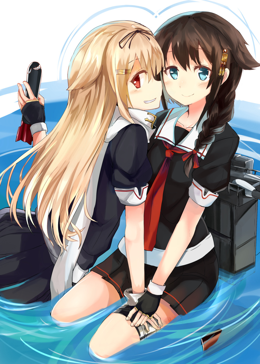 2girls absurdres bent_knees blonde_hair blue_eyes blush braid brown_hair closed_mouth collarbone commentary fingerless_gloves gloves grin haik hair_flaps hair_ornament hairclip hand_on_another's_hand highres kantai_collection leaning long_hair looking_at_viewer multiple_girls necktie pleated_skirt red_eyes red_neckwear remodel_(kantai_collection) rigging scarf school_uniform serafuku shigure_(kantai_collection) sitting skirt smile tagme torpedo water yuudachi_(kantai_collection)