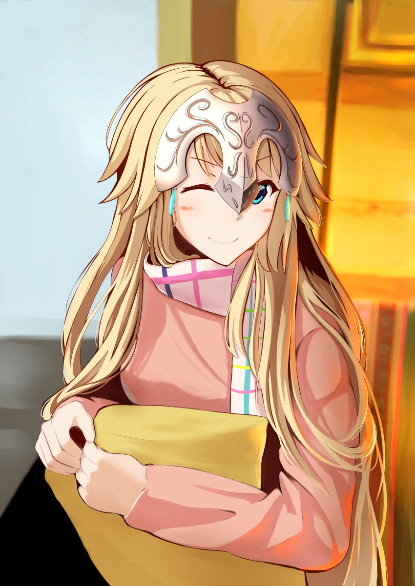 ;) absurdres alternate_costume blonde_hair blue_eyes blush casual fate/apocrypha fate_(series) headpiece highres long_hair one_eye_closed ruler_(fate/apocrypha) scarf sketch smile upper_body