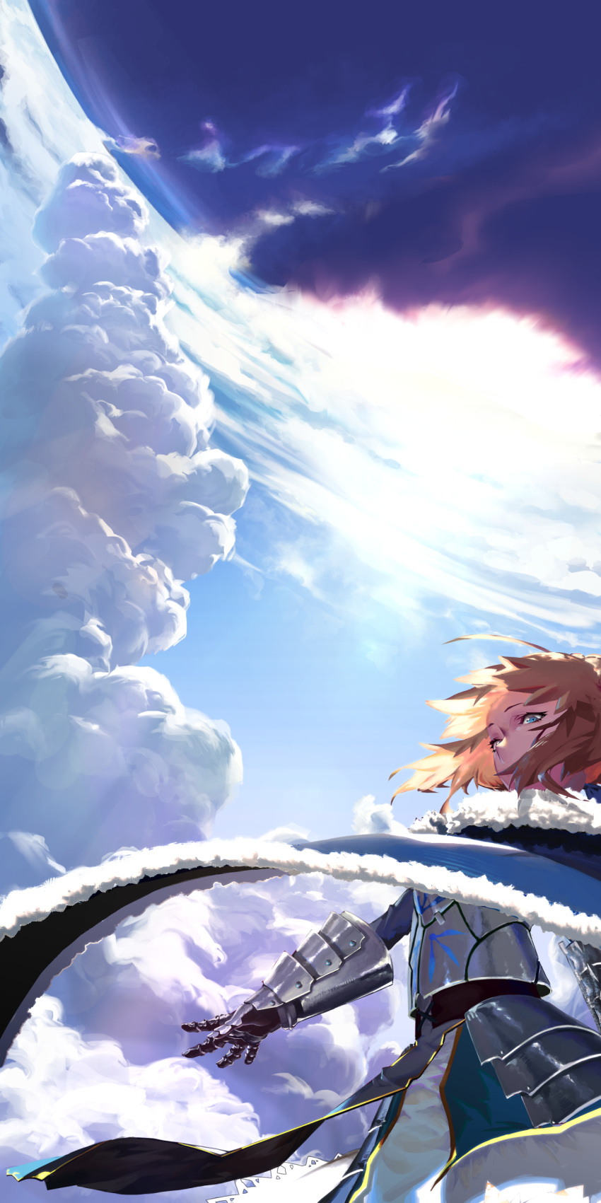 1girl absurdres armor armored_dress artoria_pendragon_(all) blonde_hair blue_eyes cape clouds cloudy_sky cowboy_shot day fate/stay_night fate_(series) from_below fur_trim gauntlets highres looking_at_viewer saber sky solo sunlight tok