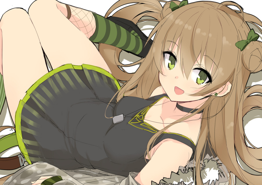 1girl ahoge aixioo black_dress black_footwear bow breasts brown_hair choker collarbone double_bun dress earrings from_above girls_frontline green_eyes hair_bow jewelry knees_together_feet_apart long_hair looking_at_viewer lying medium_breasts on_back open_mouth pendant reclining rfb_(girls_frontline) sketch smile solo striped striped_legwear thigh_gap very_long_hair