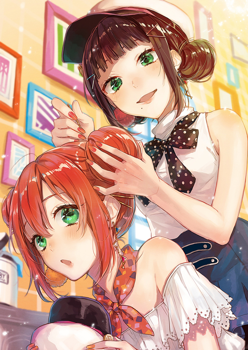 2girls alternate_hairstyle bangs black_hair bow bowtie commentary_request double_bun earrings green_eyes hair_ornament hair_up hairdressing hairpin hand_in_another's_hair hat hat_removed headwear_removed highres holding holding_hat jewelry kurosawa_dia kurosawa_ruby love_live! love_live!_sunshine!! mole mole_under_mouth multiple_girls nail_polish neckerchief open_mouth picture_frame polka_dot_neckwear pom_pom_earrings red_nails redhead siblings sidelocks sisters sudach_koppe