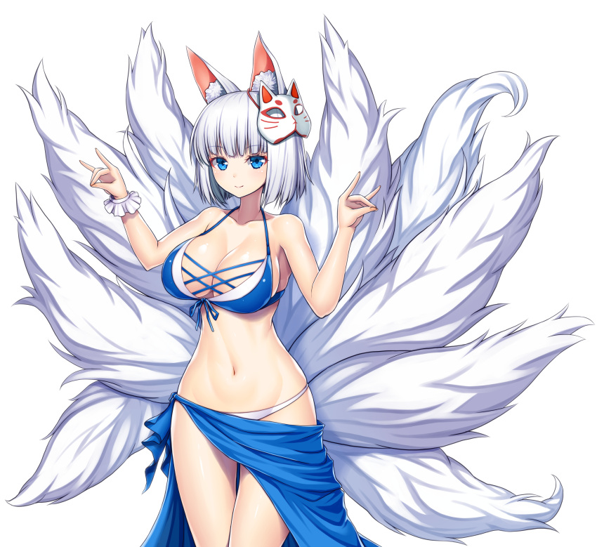 1girl absurdres animal_ears asamura_hiori azur_lane bangs bikini blue_bikini_top blue_eyes breasts cleavage closed_mouth cowboy_shot eyebrows_visible_through_hair eyeliner fox_ears fox_shadow_puppet front-tie_bikini front-tie_top gradient gradient_background halterneck highres kaga_(azur_lane) large_breasts looking_at_viewer makeup mask mask_on_head multiple_girls multiple_tails navel petals sarong short_hair simple_background smile solo swimsuit tail white_background white_bikini_bottom white_hair wrist_cuffs