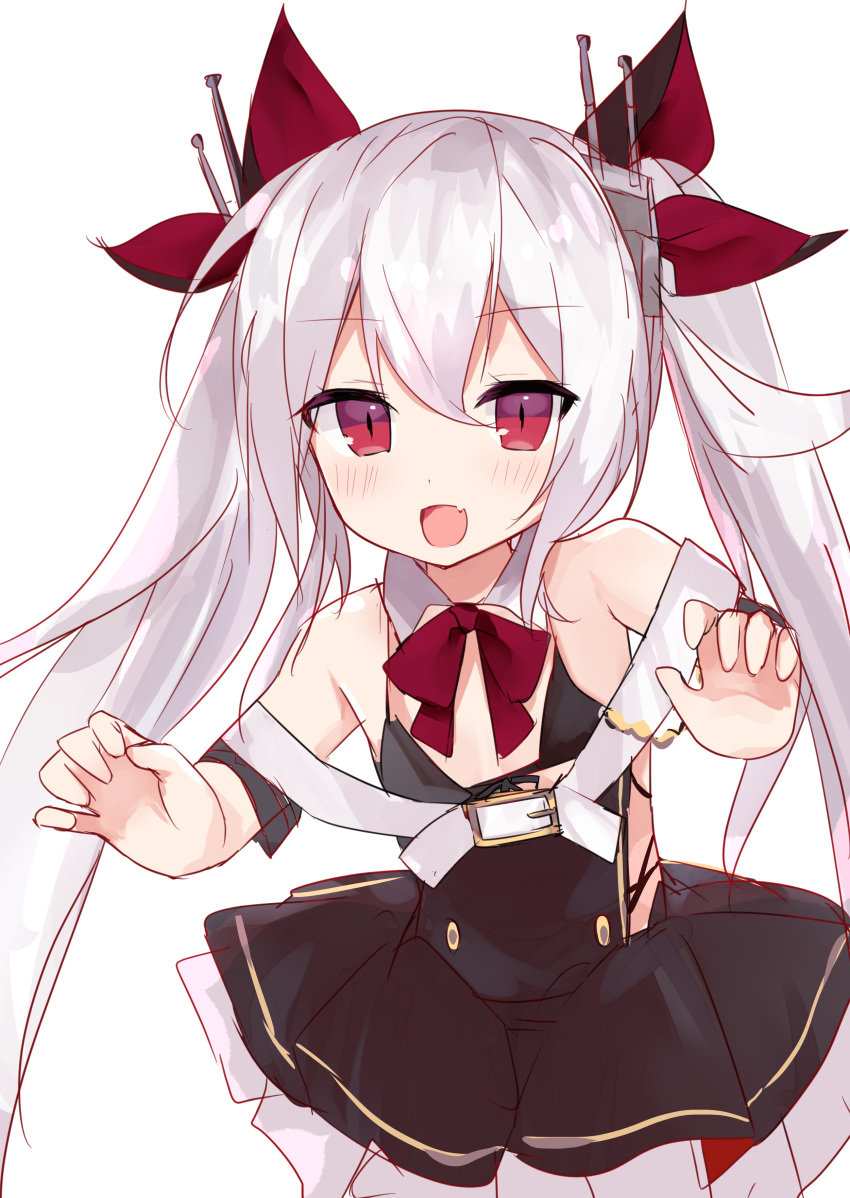 1girl absurdres azur_lane bangs bare_shoulders belt black_bra black_dress blush bow bowtie bra cowboy_shot cross-laced_clothes detached_collar dress eyebrows_visible_through_hair fang hair_between_eyes hair_bow hair_ornament headgear highres leaning_forward looking_at_viewer natsu_(sinker8c) open_mouth red_eyes sidelocks slit_pupils standing twintails underwear vampire_(azur_lane) white_background white_hair