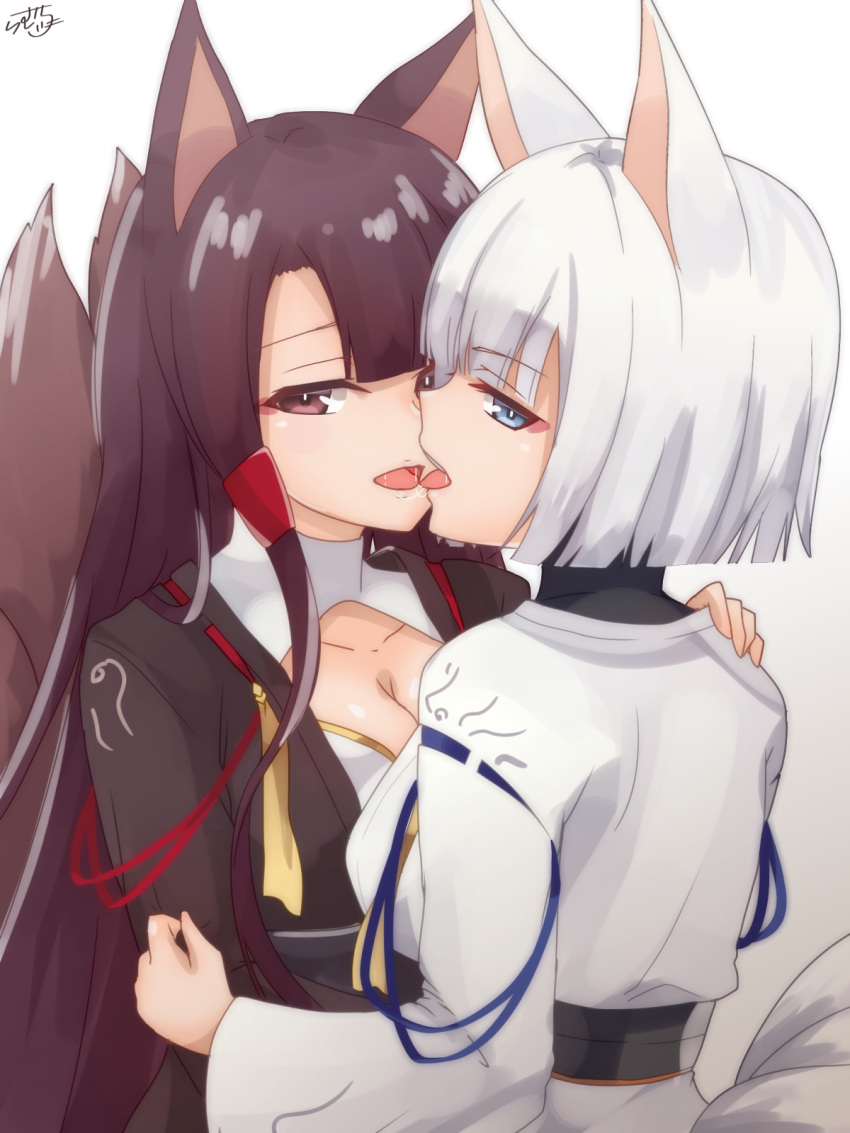 2girls akagi_(azur_lane) animal_ears azur_lane bangs black_hair blue_eyes blunt_bangs blush breasts brown_eyes cleavage fox_ears fox_tail highres kaga_(azur_lane) long_hair long_sleeves medium_breasts multiple_girls parted_lips ramchi saliva saliva_trail short_hair silver_hair smile tail tongue tongue_out upper_body very_long_hair wide_sleeves yuri