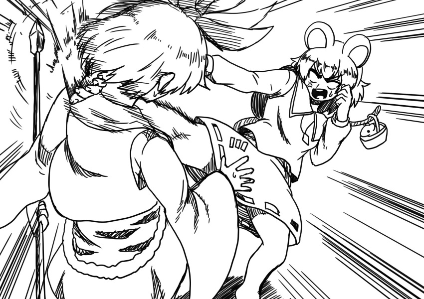 2girls anger_vein animal_ears bangs bare_legs barefoot basket bishamonten's_spear commentary_request emphasis_lines greyscale highres himajin_no_izu holding holding_spear holding_weapon kicking long_sleeves monochrome mouse mouse_ears mouse_tail multiple_girls nazrin open_mouth polearm short_hair short_sleeves skirt spear sweat tail toramaru_shou touhou weapon wide_sleeves
