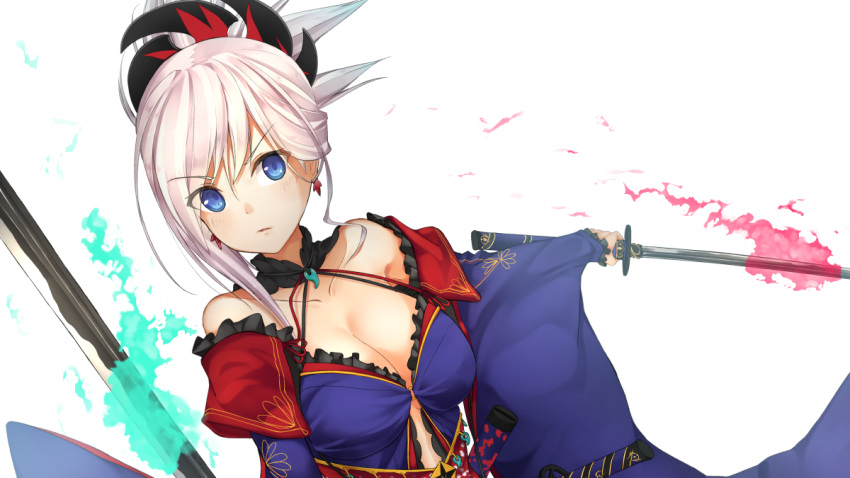 1girl asymmetrical_hair bare_shoulders blue_eyes breasts cleavage collarbone detached_sleeves earrings fate/grand_order fate_(series) hair_ornament hiraba_6018 japanese_clothes jewelry katana kimono large_breasts looking_at_viewer miyamoto_musashi_(fate/grand_order) pink_hair ponytail simple_background solo sword weapon white_background