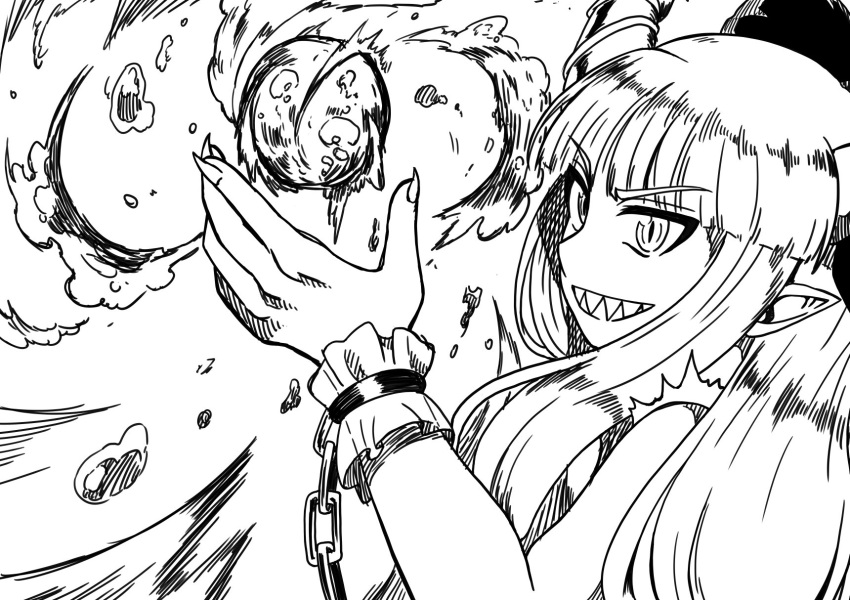 1girl arm_up bangs chains commentary_request eyebrows_visible_through_hair fingernails greyscale highres himajin_no_izu horns ibuki_suika long_hair looking_at_viewer monochrome pointy_ears sharp_fingernails sharp_teeth sidelocks slit_pupils solo teeth touhou upper_body