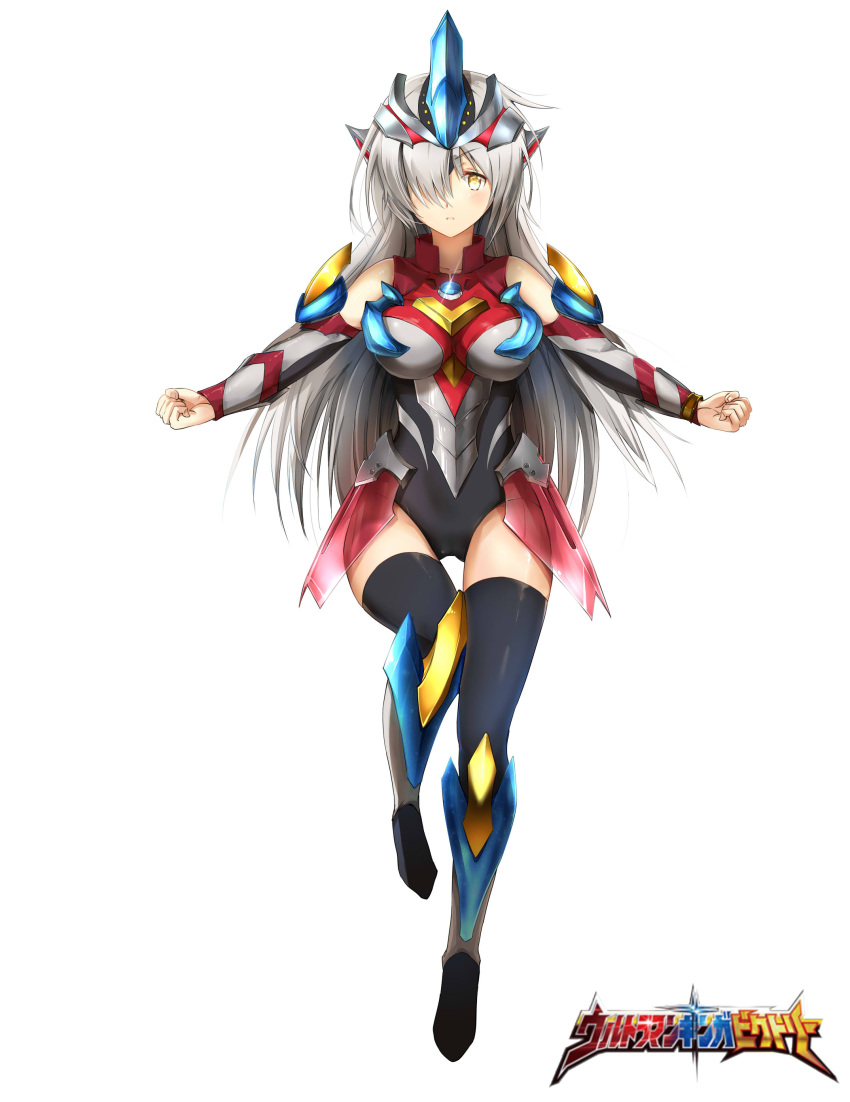 1girl absurdres armor bare_shoulders black_legwear black_leotard breasts character_name clenched_hands copyright_name detached_sleeves eyebrows_visible_through_hair faulds full_body genderswap genderswap_(mtf) greaves grey_hair hair_over_one_eye headgear high_collar highres large_breasts leg_up leotard long_hair looking_at_viewer outstretched_arms parted_lips personification simple_background solo taro_(ultrataro) thigh-highs ultra_series ultraman_ginga ultraman_ginga_s ultraman_ginga_victory white_background yellow_eyes
