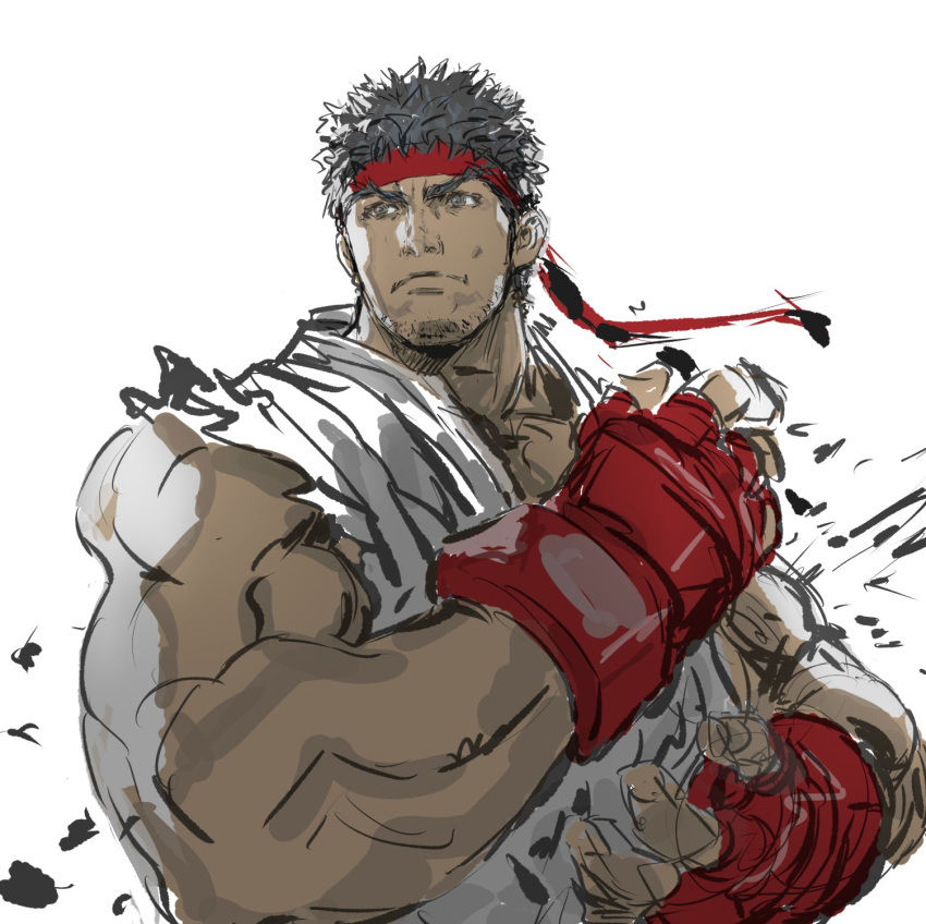 1boy black_hair commentary_request dougi fighting_stance fingerless_gloves gloves grey_eyes headband highres male_focus muscle red_gloves ryuu_(street_fighter) short_hair sketch sleeveless solo street_fighter thick_eyebrows yasuda_akira