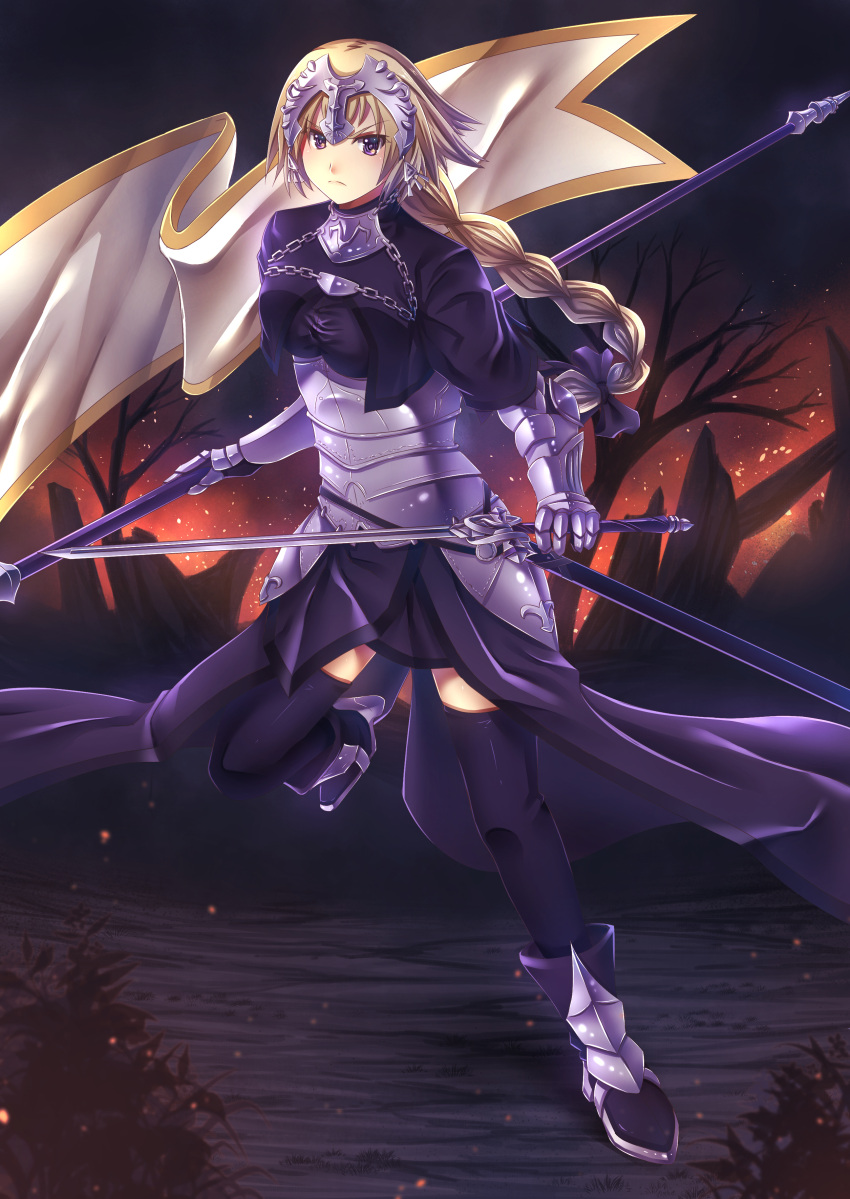 &gt;:( absurdres armor armored_boots armored_dress blonde_hair boots braid breasts chains embers fate/apocrypha fate_(series) hair_ribbon headpiece highres large_breasts long_braid long_hair looking_at_viewer purple_legwear purple_ribbon ribbon ruler_(fate/apocrypha) scabbard sheath single_braid standard_bearer standing standing_on_one_leg sword thigh-highs thighs violet_eyes waist_cape weapon zephx