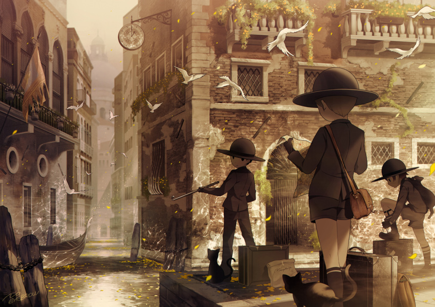 bird black_cat boat cat child clock europe_map exploration flag formal hat leaf leaves_in_wind multiple_boys noeyebrow_(mauve) pigeon scenery scout_trooper short_hair suit suitcase venezia watercraft yellow_leaves