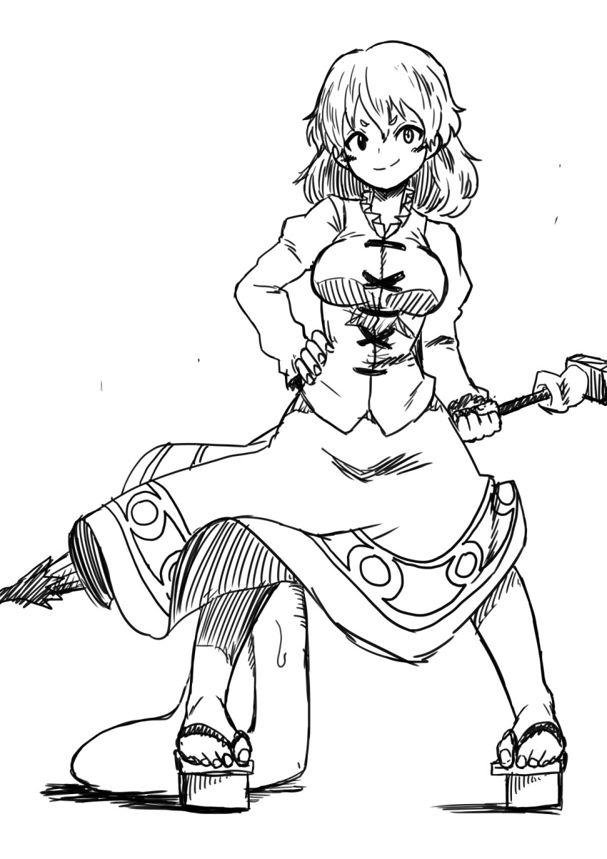 1girl bangs blush breasts closed_mouth full_body greyscale hair_between_eyes hand_on_hip heterochromia highres himajin_no_izu holding juliet_sleeves long_sleeves looking_at_viewer medium_breasts monochrome puffy_sleeves sandals short_hair simple_background skirt smile solo standing sweat tatara_kogasa touhou white_background