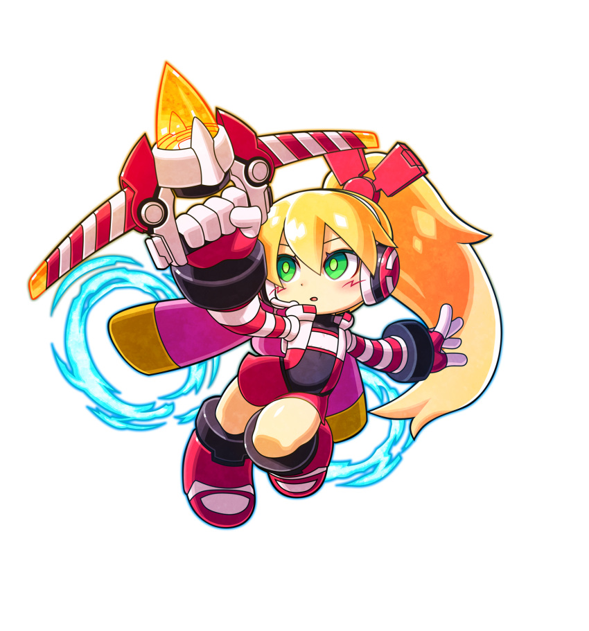 1girl alpha_transparency android bow bow_(weapon) call_(mighty_no._9) chibi crossbow full_body gloves green_eyes hair_bow headset highres jetpack long_hair mighty_gunvolt mighty_gunvolt_burst mighty_no._9 official_art open_mouth orange_hair parted_lips ponytail solo transparent_background weapon