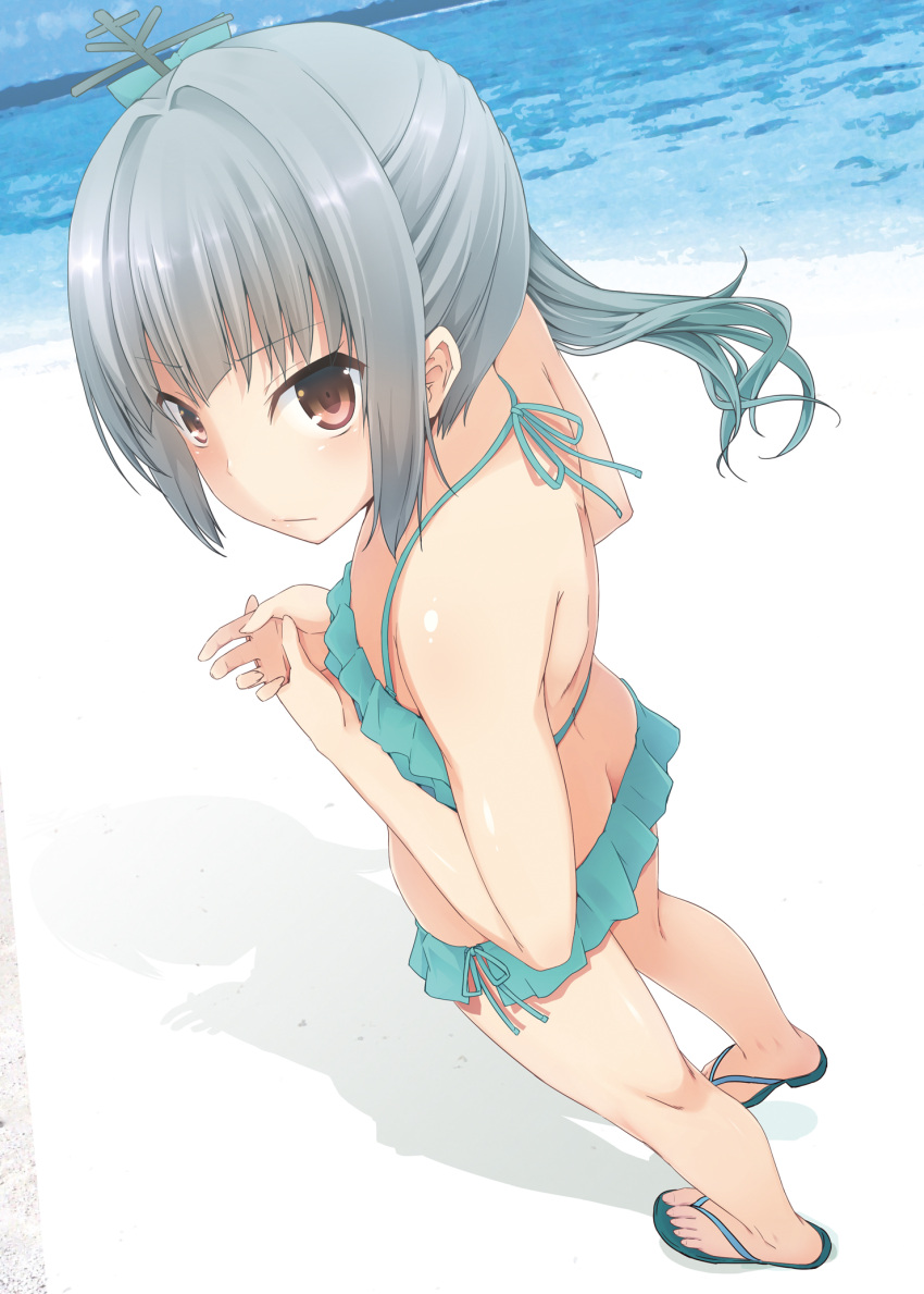 1girl aqua_bikini ass bad_anatomy bare_legs beach bikini bikini_skirt brown_eyes butt_crack closed_mouth day dutch_angle eyebrows_visible_through_hair flat_chest flip-flops frilled_bikini frills from_above grey_hair hair_ornament halterneck highres kantai_collection kasumi_(kantai_collection) long_hair looking_at_viewer looking_back looking_up nagami_yuu outdoors own_hands_together sandals side-tie_bikini side_ponytail solo standing swimsuit