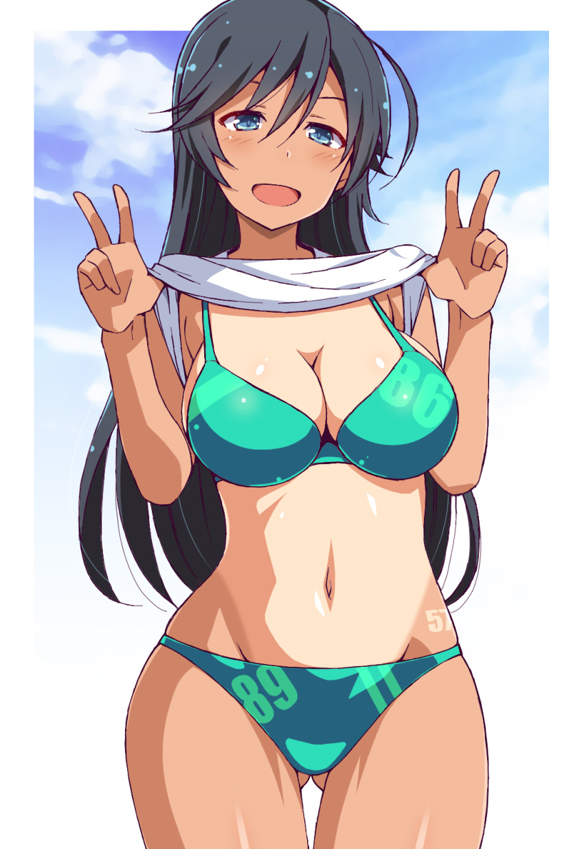 1girl :d ahoge astroguy2 bare_arms bare_shoulders bikini bikini_under_clothes black_hair blue_eyes blue_sky blush breasts cleavage collarbone cowboy_shot day double_v girls_und_panzer gluteal_fold green_bikini hair_between_eyes highres isuzu_hana large_breasts lifted_by_self long_hair navel number open_mouth outdoors shiny shiny_skin shirt_lift simple_background sky smile solo standing stomach swimsuit tan tanline thigh_gap v white_background