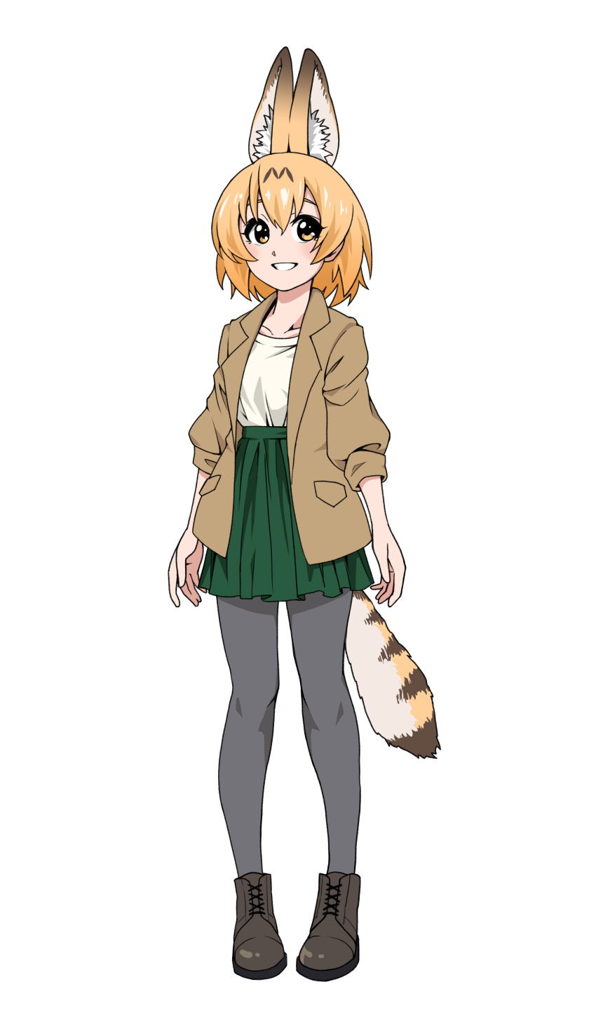 1girl absurdres alternate_costume animal_ears ankle_boots bangs black_footwear black_hair black_legwear blush boots brown_jacket collarbone eyebrows eyelashes facing_away green_skirt grin hair_between_eyes high-waist_skirt highres jacket kemono_friends legs_apart looking_away looking_to_the_side miniskirt multicolored_hair open_clothes open_jacket orange_eyes orange_hair pantyhose pleated_skirt serval_(kemono_friends) serval_ears serval_tail shirt short_hair simple_background skirt sleeves_rolled_up smile solo standing suzushiro_(suzushiro333) tail tareme teeth two-tone_hair white_background white_shirt