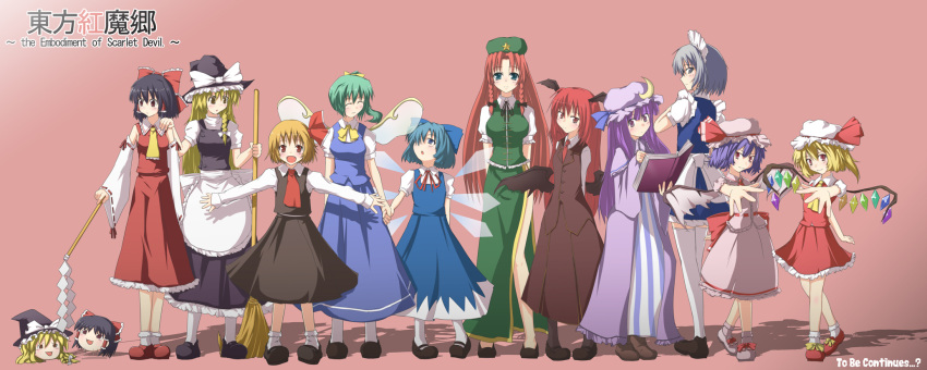 &gt;:) &gt;:d :d ^_^ apron arm_behind_back arms_behind_back ascot bat_wings beret black_hair black_legwear blonde_hair blue_dress blue_hair blush book bow braid breasts broom buttons capelet china_dress chinese_clothes cirno closed_eyes crescent daiyousei detached_sleeves dress dress_shirt engrish everyone fairy_wings fang flandre_scarlet foreshortening gohei gradient gradient_background green_eyes hair_bow hair_ribbon hair_tubes hairband hakurei_reimu hand_on_shoulder hat hat_bow head_tilt head_wings height_difference highres hong_meiling izayoi_sakuya japanese_clothes kirisame_marisa koakuma large_bow long_hair long_sleeves looking_back looking_up low_wings maid maid_headdress mary_janes miko multiple_girls natsume_riu necktie open_book open_mouth outstretched_arms patchouli_knowledge purple_dress purple_eyes purple_hair ranguage red_eyes red_hair remilia_scarlet ribbon ribbons rumia shirt shoes short_hair short_sleeves side_ponytail side_slit silver_eyes silver_hair simple_background single_braid skirt skirt_set smile socks spread_arms star striped striped_dress symmetrical_hand_pose the_embodiment_of_scarlet_devil thighhighs touhou twin_braids vertical_stripes very_long_hair vest waist_apron white_legwear white_shirt wide_sleeves wings witch witch_hat yellow_eyes yukkuri_shiteitte_ne zettai_ryouiki