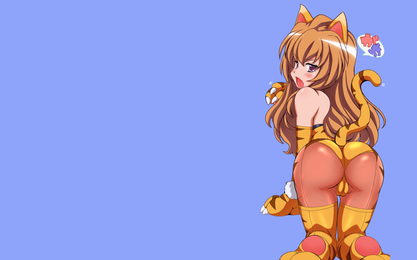 animal_costume animal_ears ass brown_eyes brown_hair claws costume highres leotard long_hair pantyhose tail thigh-highs thighhighs tiger tiger_costume tiger_ears tiger_print toradora! wallpaper