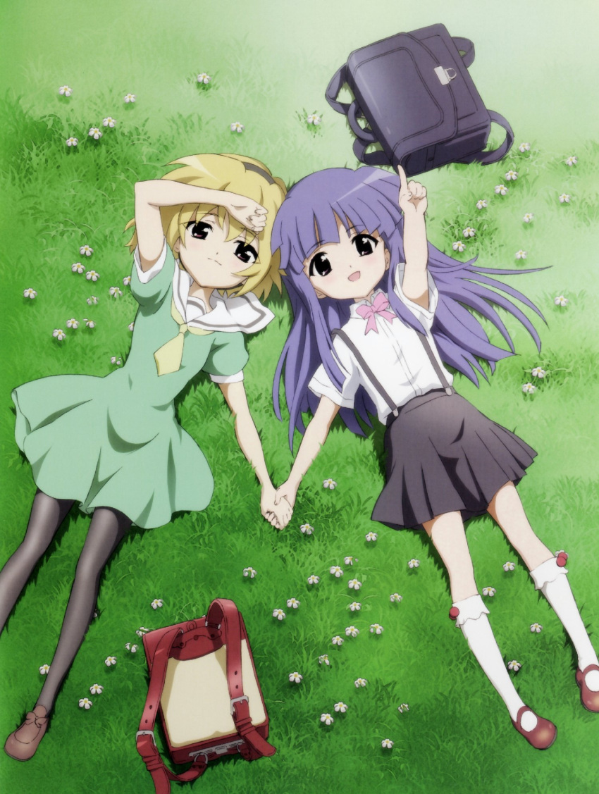 blonde_hair blue_eyes blue_hair dress flower furude_rika grass hairband hand_holding highres higurashi_no_naku_koro_ni holding_hands houjou_satoko long_hair lying pantyhose pointing red_eyes sailor_dress short_hair socks suspenders white_legwear white_socks