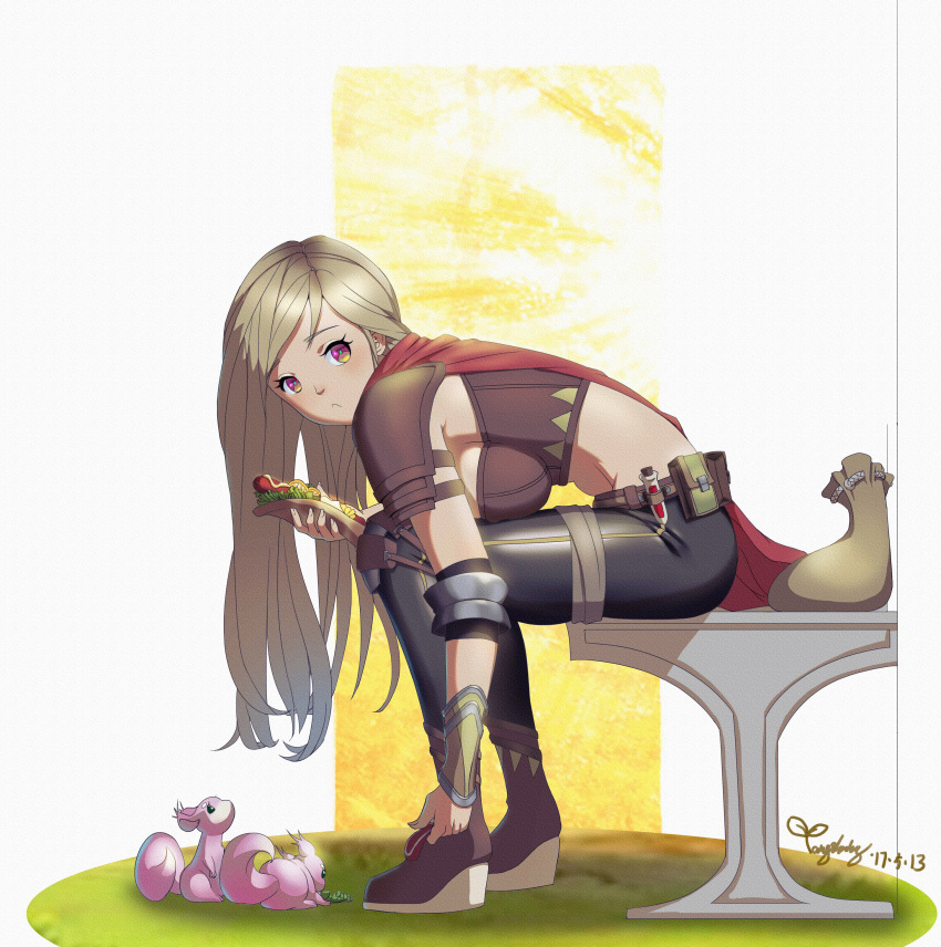 1girl absurdres artist_name ban_yang belt_pouch black_pants brown_hair cape dated elt frown highres hot_dog knee_pads looking_at_viewer pants pink_eyes potion pouch red_cape sack signature sitting solo squirrel vial