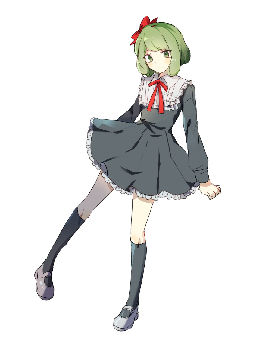 1girl bangs black_dress black_socks blush clenched_hand closed_mouth danganronpa_(series) danganronpa_another_episode:_ultra_despair_girls dress frilled_dress frills full_body green_eyes green_hair grey_background grey_footwear highres kneehighs long_sleeves looking_at_viewer neck_ribbon red_ribbon ribbon shiny shiny_hair shoes short_hair simple_background socks solo towa_monaka yuno_(ou35i)