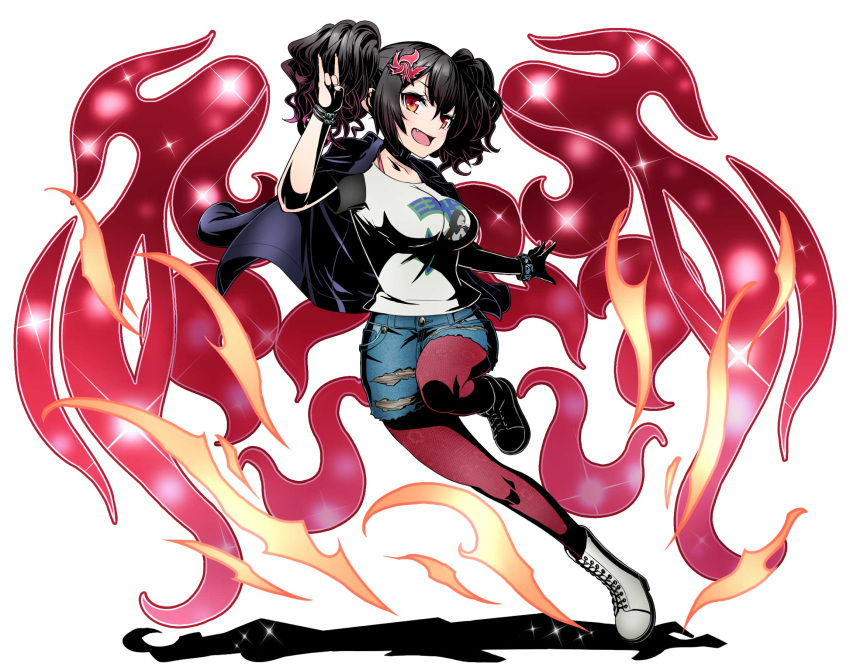 1girl :d black_hair blue_shorts bra bracelet breasts breasts_apart collarbone denim denim_shorts divine_gate fang grey_footwear grey_shirt hair_between_eyes hair_ornament highres jewelry large_breasts long_hair looking_at_viewer one_leg_raised open_mouth pantyhose pantyhose_under_shorts pink_bra red_eyes red_legwear shadow shirt short_shorts short_sleeves shorts simple_background smile solo standing twintails ucmm underwear white_background