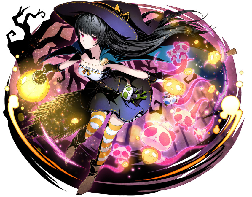 1girl black_gloves black_hair black_hat black_skirt blue_cape brown_footwear cape collarbone divine_gate eyebrows_visible_through_hair floating_hair full_body gloves halloween_costume hat hat_ribbon highres holding_lantern layered_skirt long_hair looking_at_viewer miniskirt pumpkin red_eyes ribbon shadow simple_background skirt sleeveless smile solo strapless striped striped_legwear thigh-highs ucmm very_long_hair white_background witch_hat yellow_ribbon