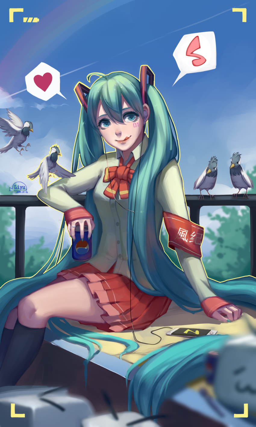 1girl aqua_hair armband artist_name blue_eyes blue_nails blush breasts can closed_mouth dated digital_media_player eyebrows feizao_jun hatsune_miku heart highres holding holding_can ipod long_hair looking_at_viewer medium_breasts musical_note nail_polish red_skirt sitting skirt sleeves_past_wrists smile solo speech_bubble spoken_heart spoken_musical_note tongue tongue_out twintails very_long_hair vocaloid