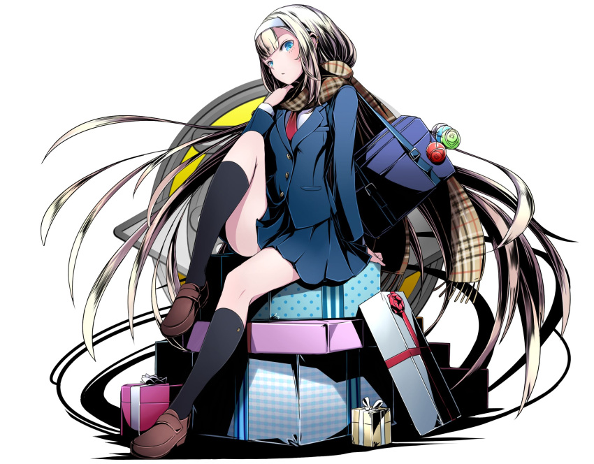 1girl arm_support bag black_legwear blue_eyes blue_jacket blue_skirt box divine_gate floating_hair full_body gift gift_box hairband highres jacket kneehighs long_hair looking_at_viewer miniskirt pleated_skirt red_neckwear scarf school_bag school_uniform shadow shirt silver_hair simple_background sitting skirt solo ucmm very_long_hair white_background white_hairband white_shirt