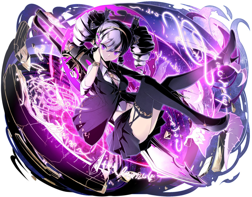 1girl black_legwear black_skirt bracelet breasts cleavage divine_gate drill_hair eyebrows_visible_through_hair full_body groin hair_between_eyes hairband high_heels highres holding holding_weapon jewelry layered_skirt long_hair looking_at_viewer medium_breasts miniskirt navel pleated_skirt shadow silver_hair simple_background skirt solo thigh-highs twin_drills twintails ucmm violet_eyes weapon white_background