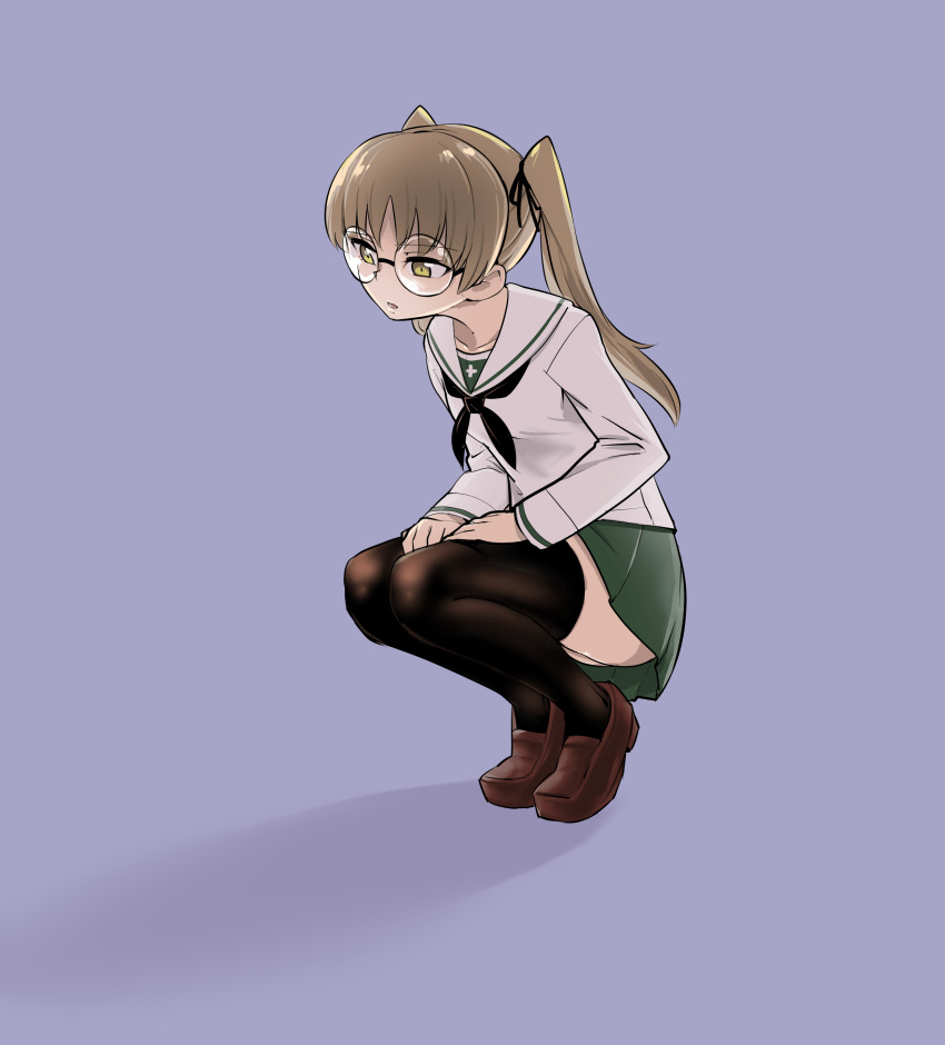 1girl absurdres aomushi_(mushamusha) bangs black_legwear black_neckwear black_ribbon blouse blue_background brown_eyes brown_footwear brown_hair from_side girls_und_panzer green_skirt hair_ribbon hands_on_own_thighs highres loafers long_hair long_sleeves looking_to_the_side miniskirt neckerchief ooarai_school_uniform oono_aya parted_lips pleated_skirt ribbon round_eyewear school_uniform serafuku shadow shoes simple_background skirt solo squatting thigh-highs twintails white_blouse
