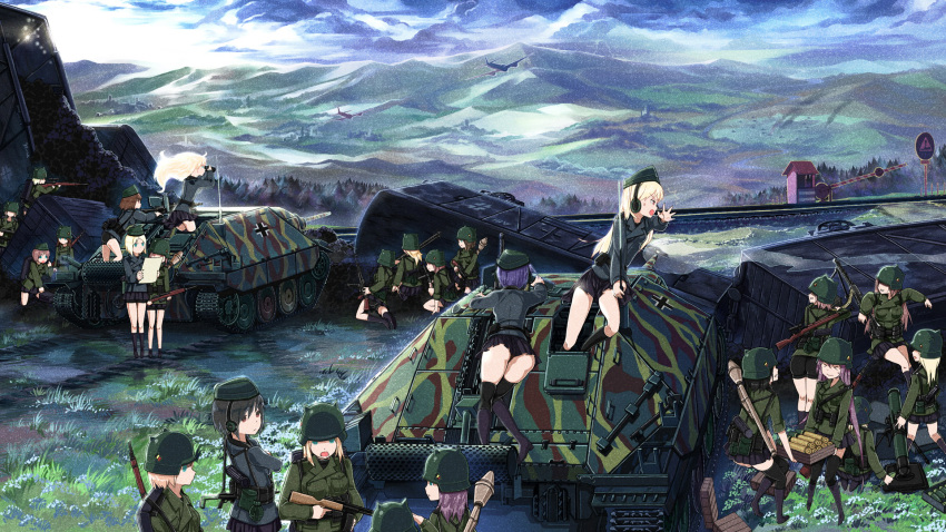 6+girls aircraft artist_request blonde_hair clouds day grass green_eyes ground_vehicle gun headphones highres jagdpanzer_38(t) long_hair machine_gun military military_vehicle mortar motor_vehicle mountain multiple_girls original panzerfaust purple_hair rifle short_hair sky tank tank_destroyer weapon